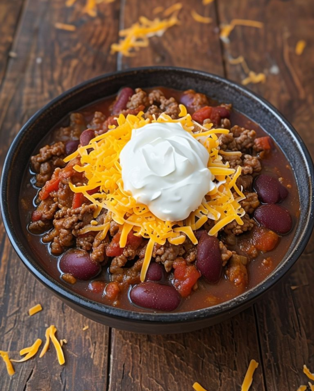 keto friendly chili in a bowl, topped with cheese and sour cream