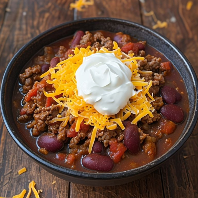 keto friendly chili in a bowl, topped with cheese and sour cream