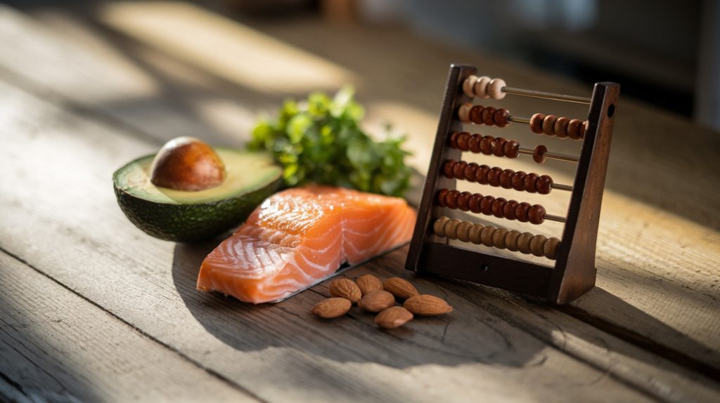 image of a rustic wooden table with an abacus salmon avocado and other keto staples image of a rustic wooden table with an abacus salmon avocado and other keto staples